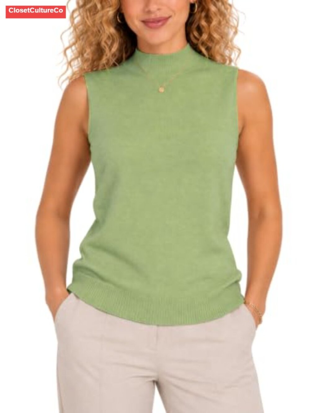 Womens Sleeveless Mock Neck Sweater Vest Viscose Nylon Knit Tank Top